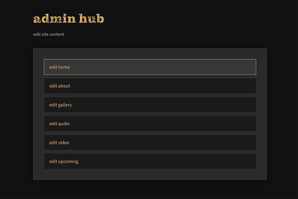 Admin hub page with buttons for editing major site sections