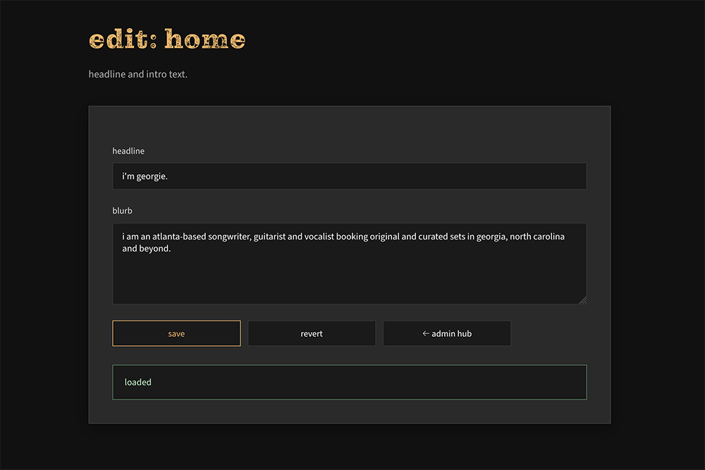 Home page editor with headline field, blurb field, and save and revert controls