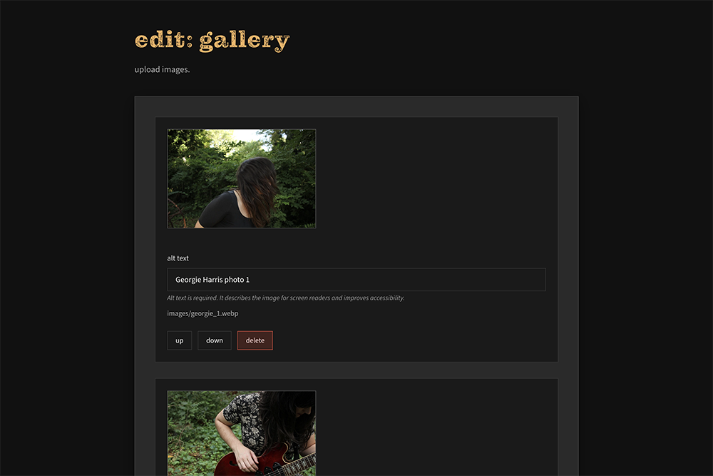 Gallery editor showing a photo preview, alt text field, and controls to move or delete the image