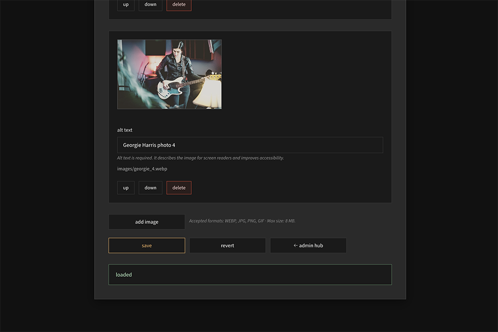 Gallery editor showing add image button, save and revert buttons, and a status message area