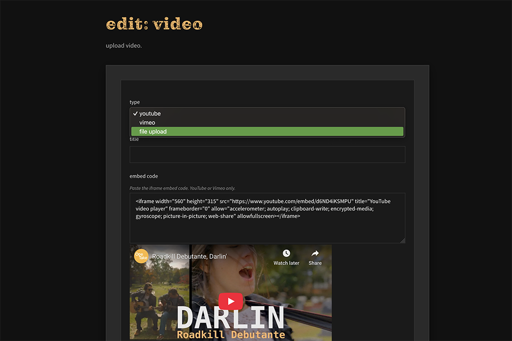 Video editor showing a dropdown for YouTube, Vimeo, or file upload and a visible YouTube preview with iframe embed code